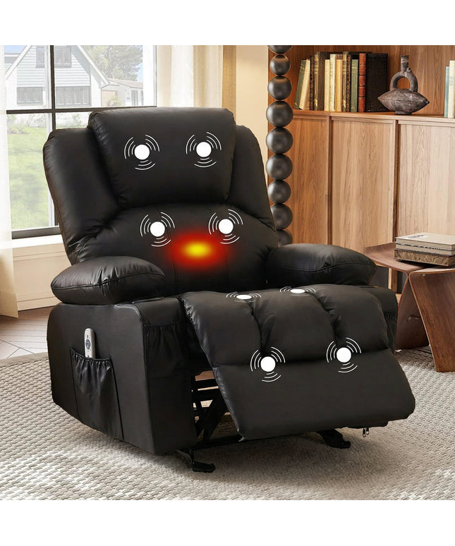 JONPONY Manual Recliner Chair with Heat Therapy and Massage Function, Heavy Duty Reclining Mechanism Massage Chair, Elderly Single Rocker Sofa with Cup Holders for Bedroom Home Theater,Black