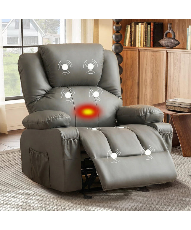 JONPONY Manual Recliner Chair with Heat Therapy and Massage Function, Heavy Duty Reclining Mechanism Massage Chair, Elderly Single Rocker Sofa with Cup Holders for Bedroom Home Theater,Black