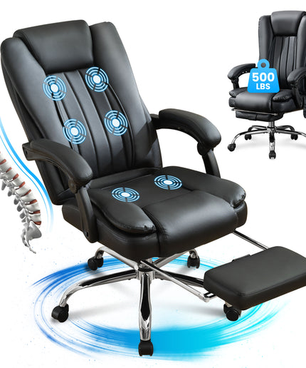 JONPONY Big and Tall Office Chair 500LBS Executive Office Chair Massage and Footrest Ergonomic Computer Desk Chair Reclining High Back Leather Office Chair Lumbar Back Support Swivel Rolling,Black