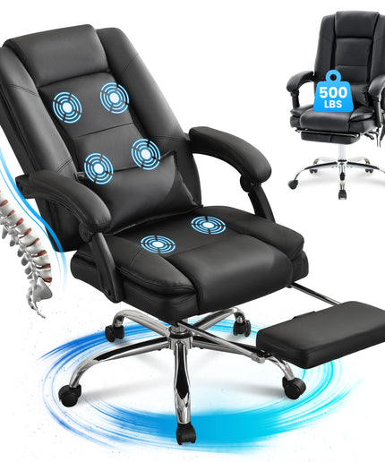JONPONY Big and Tall Office Chair 500LBS Executive Office Chair Massage and Footrest Ergonomic Computer Desk Chair Reclining High Back Leather Office Chair Lumbar Back Support Swivel Rolling,Black