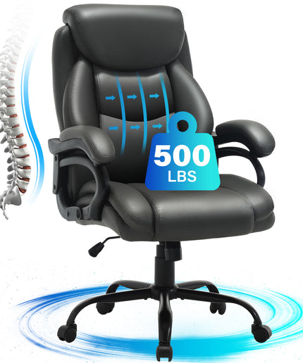 JONPONY Big and Tall Office Chair 500LBS Wide Seat Ergonomic Computer Desk Chair High Back Executive Leather Chair Adjustable Task Chair Lumbar Back Support 8 Hours Heavy Duty Design,Black
