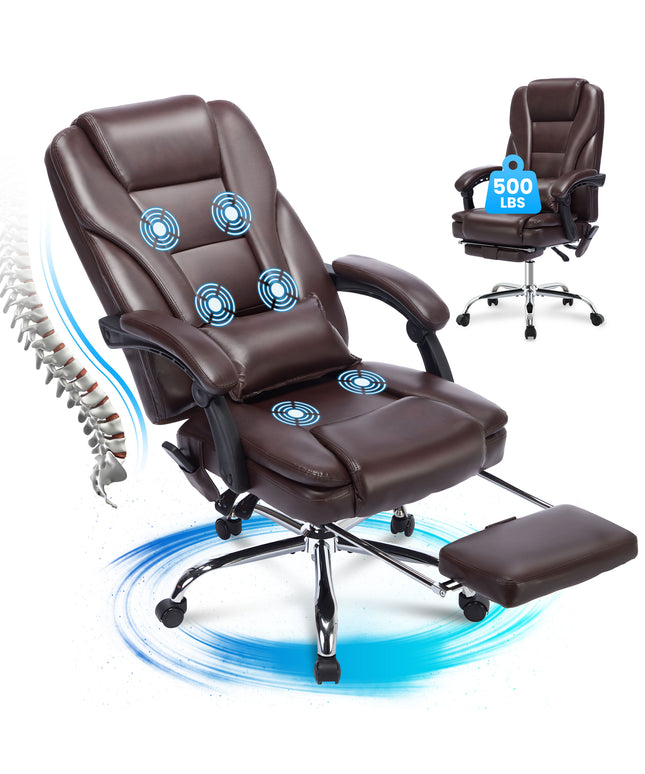 JONPONY Big and Tall Office Chair 500LBS Executive Office Chair Massage and Footrest Ergonomic Computer Desk Chair Reclining High Back Leather Office Chair Lumbar Back Support Swivel Rolling,Black