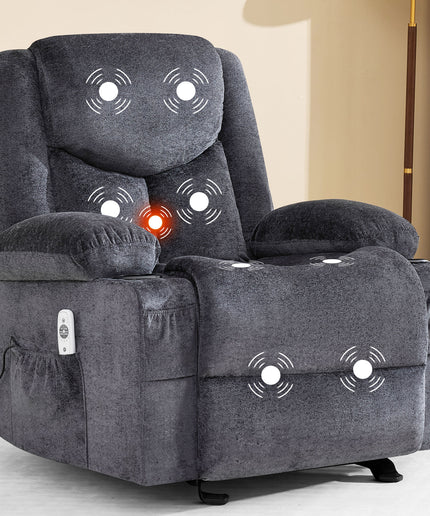JONPONY Manual Recliner Chair with Heat Therapy and Massage Function, Heavy Duty Reclining Mechanism Massage Chair, Elderly Single Rocker Sofa with Cup Holders for Bedroom Home Theater,Grey