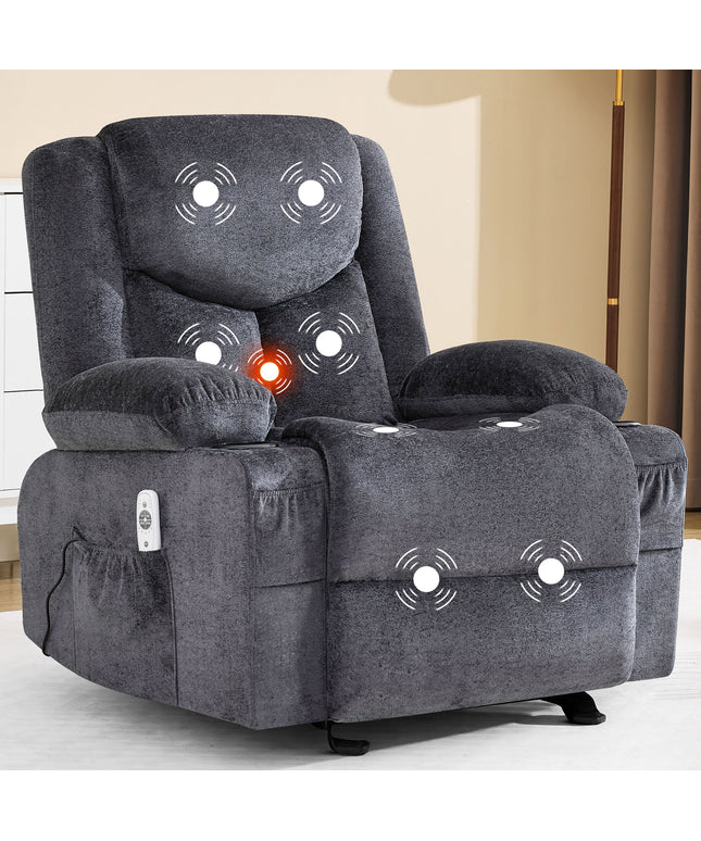 JONPONY Manual Recliner Chair with Heat Therapy and Massage Function, Heavy Duty Reclining Mechanism Massage Chair, Elderly Single Rocker Sofa with Cup Holders for Bedroom Home Theater,Grey