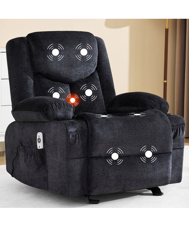JONPONY Manual Recliner Chair with Heat Therapy and Massage Function, Heavy Duty Reclining Mechanism Massage Chair, Elderly Single Rocker Sofa with Cup Holders for Bedroom Home Theater,Grey