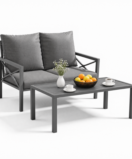 Jonpony 2-Piece All-Weather Metal Patio Furniture Set, Cushioned Loveseat 2 Seats Sofa Bench w/Coffee Table, Heavy Duty Steel Frame & Washable Cushions for Backyard Garden (Grey)