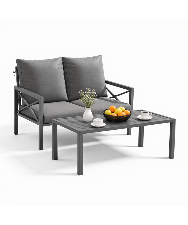 Jonpony 2-Piece All-Weather Metal Patio Furniture Set, Cushioned Loveseat 2 Seats Sofa Bench w/Coffee Table, Heavy Duty Steel Frame & Washable Cushions for Backyard Garden (Grey)