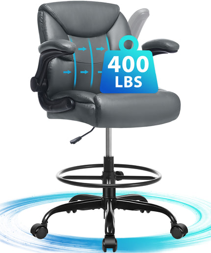 JONPONY Tall Office Chair for Standing Desk, Ergonomic High Leather Executive Office Chair with Flip-up Armrest,and Adjustable Foot Ring for Counter Height Desk,Black