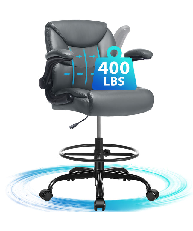 JONPONY Tall Office Chair for Standing Desk, Ergonomic High Leather Executive Office Chair with Flip-up Armrest,and Adjustable Foot Ring for Counter Height Desk,Black