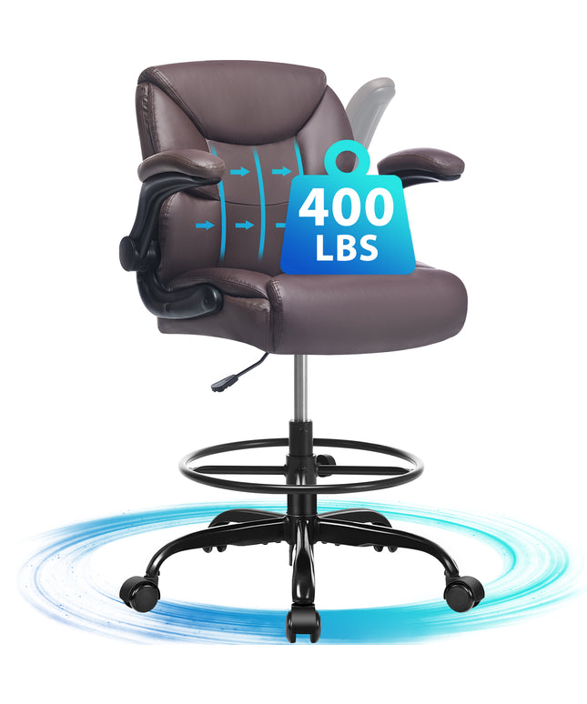 JONPONY Tall Office Chair for Standing Desk, Ergonomic High Leather Executive Office Chair with Flip-up Armrest,and Adjustable Foot Ring for Counter Height Desk,Black