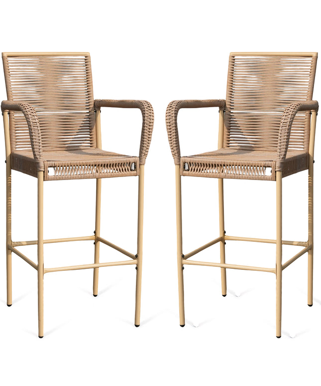 Jonpony Counter Height Bar Stool Set of 2, 30" Patio Rattan Bar Stool Chairs with Armrests, Outdoor Barstools for Porch Garden Indoor Kitchen, Yellow