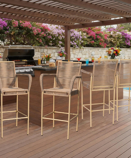 Jonpony Counter Height Bar Stool Set of 2, 30" Patio Rattan Bar Stool Chairs with Armrests, Outdoor Barstools for Porch Garden Indoor Kitchen, Yellow