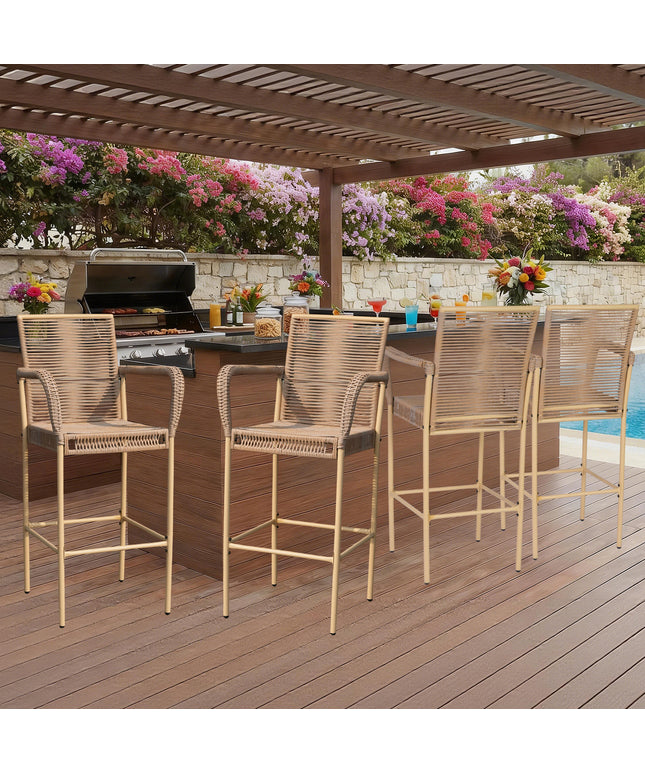 Jonpony Counter Height Bar Stool Set of 2, 30" Patio Rattan Bar Stool Chairs with Armrests, Outdoor Barstools for Porch Garden Indoor Kitchen, Yellow