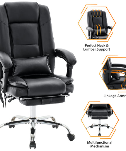 JONPONY Big and Tall Office Chair 500LBS Executive Office Chair Massage and Footrest Ergonomic Computer Desk Chair Reclining High Back Leather Office Chair Lumbar Back Support Swivel Rolling,Black