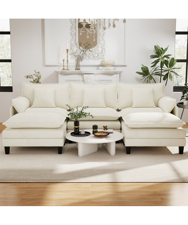 Jonpony Modular Sectional Sofa, Comfy Cloud Couch with Movable Ottoman, Deep Seat Couches for Living Room, Bedroom and Apartment, 106" U Shaped Modern Sofa with Pillows, Beige