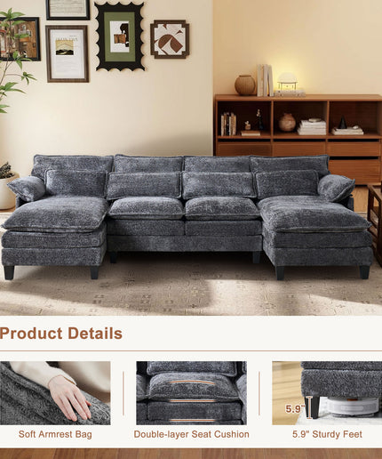 JONPONY 109" Modular Sectional Sofa,Boucle Couch Set,U-Shaped Sleeper Sofa for Living Room,Grey