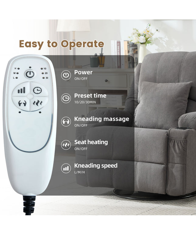 JONPONY Kneading Massage Rocker Recliner Chair with 4-Point 3D Kneading Massage and Heat Ergonomic Lounge Chair for Living Room with Rocking Function and 2 Cup Holders, USB Charge Port,Grey
