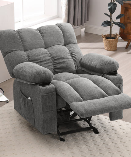 JONPONY Recliner Chair, Swivel Rocker Recliner Chair for Adults, Upholstered Manual Recliner with Side Pockets,Elderly Single Rocker Sofa with Cup Holders for Bedroom Home Theater,Grey