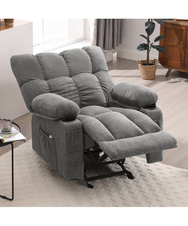 JONPONY Manual Recliner Chair with Heat Therapy and Massage Function, Heavy Duty Reclining Mechanism Massage Chair, Elderly Single Rocker Sofa with Cup Holders for Bedroom Home Theater,Grey