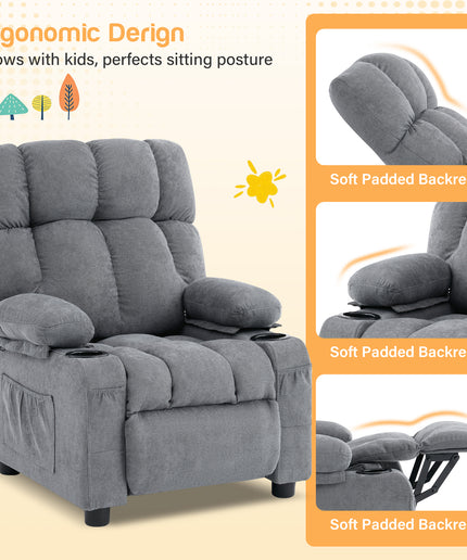 JONPONY Kids Recliner Chair, Push Back Toddler Recliner with Cup Holders & Side Pockets，Adjustable Footrest & Headrest Kids Sofa for Boys Girls 3+ Age Group, Children's Bedroom Furniture, Grey