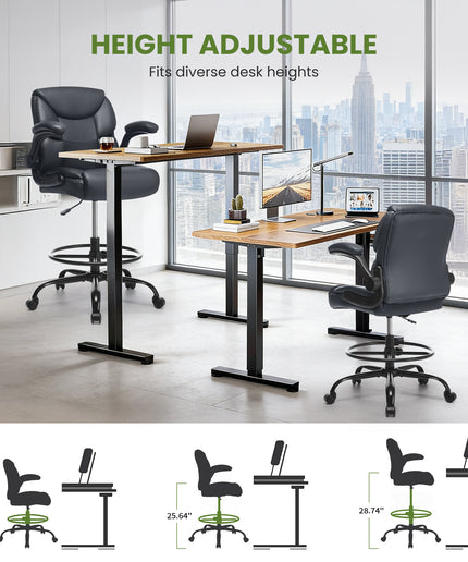 JONPONY Tall Office Chair for Standing Desk, Ergonomic High Leather Executive Office Chair with Flip-up Armrest,and Adjustable Foot Ring for Counter Height Desk,Black