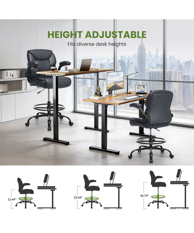 JONPONY Tall Office Chair for Standing Desk, Ergonomic High Leather Executive Office Chair with Flip-up Armrest,and Adjustable Foot Ring for Counter Height Desk,Black