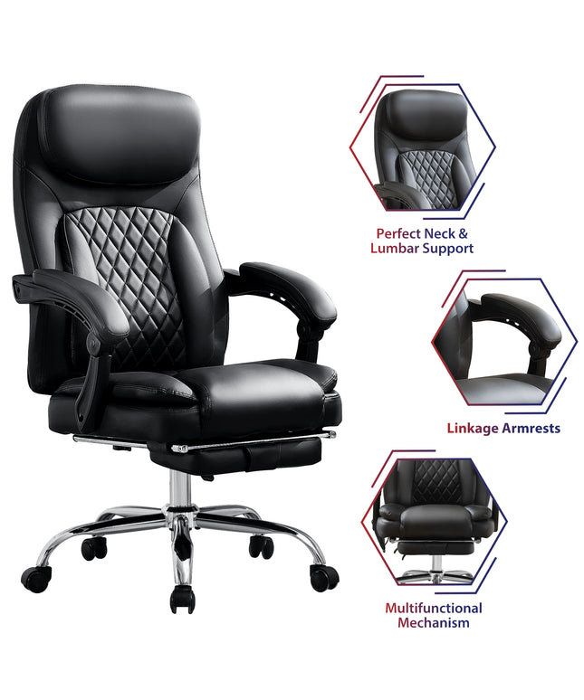 JONPONY Big and Tall Office Chair 500LBS Executive Office Chair Massage and Footrest Ergonomic Computer Desk Chair Reclining High Back Leather Office Chair Lumbar Back Support Swivel Rolling,Black