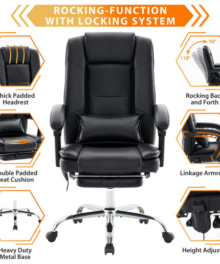 JONPONY Big and Tall Office Chair 500LBS Executive Office Chair Massage and Footrest Ergonomic Computer Desk Chair Reclining High Back Leather Office Chair Lumbar Back Support Swivel Rolling,Black