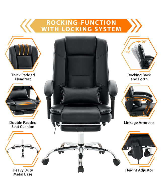 JONPONY Big and Tall Office Chair 500LBS Executive Office Chair Massage and Footrest Ergonomic Computer Desk Chair Reclining High Back Leather Office Chair Lumbar Back Support Swivel Rolling,Black