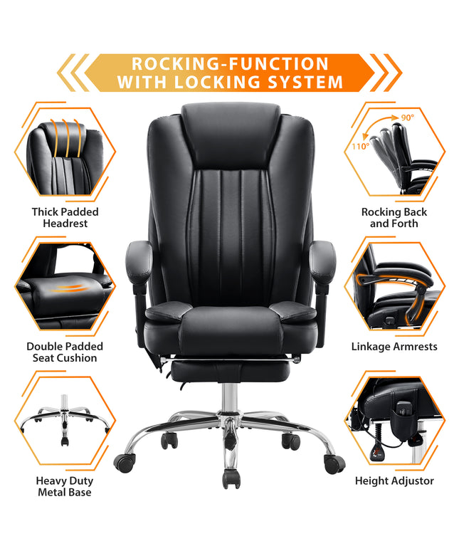 JONPONY Big and Tall Office Chair 500LBS Executive Office Chair Massage and Footrest Ergonomic Computer Desk Chair Reclining High Back Leather Office Chair Lumbar Back Support Swivel Rolling,Black