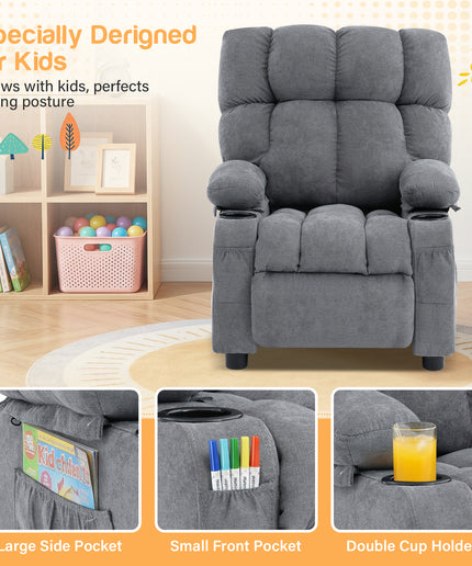 JONPONY Kids Recliner Chair, Push Back Toddler Recliner with Cup Holders & Side Pockets，Adjustable Footrest & Headrest Kids Sofa for Boys Girls 3+ Age Group, Children's Bedroom Furniture, Grey