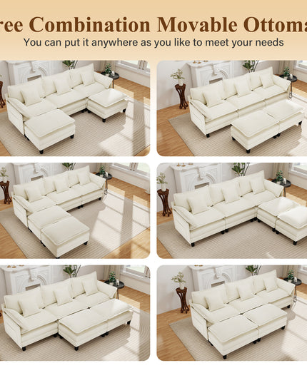 Jonpony Modular Sectional Sofa, Comfy Cloud Couch with Movable Ottoman, Deep Seat Couches for Living Room, Bedroom and Apartment, 106" U Shaped Modern Sofa with Pillows, Beige