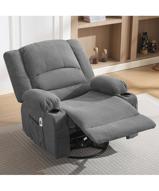JONPONY Heated Manual Massage Recliner with 360° Swivel Rocker, Comfy Single Sofa with Side Pockets and Cup Holders for Living Room, Bedroom, and Home Theater