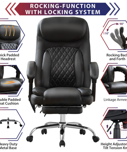 HDHNBA Ergonomic Office Chair with Back Lumbar Support Footrest Comfortable High Back Reclining Computer Desk Chairs for Home Big and Tall PU Leather Wide Executive Work with Rolling Wheels, Black HDHNBA Ergonomic Office Chair with Back Lumbar Support Footrest Comfortable High Back Reclining Computer Desk Chairs for Home Big and Tall PU Leather Wide Executive Work with Rolling Wheels, Black