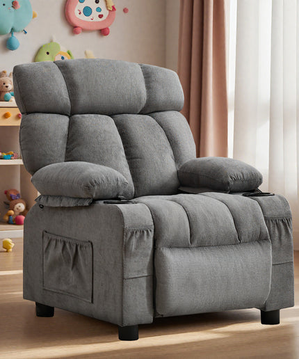 JONPONY Kids Recliner Chair,Push Back Toddler Recliner with Cup Holders & Side Pockets,Adjustable Footrest & Headrest Kids Sofa for Boys Girls 3+ Age Group, Grey