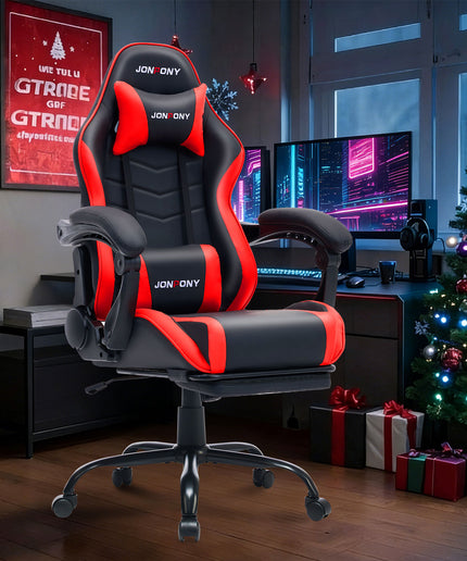 JONPONY 500LBS Big & Tall Gaming Chair, Ergonomic High-Back Gamer Chair with Footrest Lumbar Support, PU Leather Office Computer Chair for Long Sitting, Red