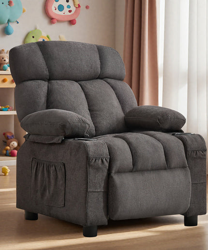 JONPONY Kids Recliner Chair,Push Back Toddler Recliner with Cup Holders & Side Pockets,Adjustable Footrest & Headrest Kids Sofa for Boys Girls 3+ Age Group, Grey