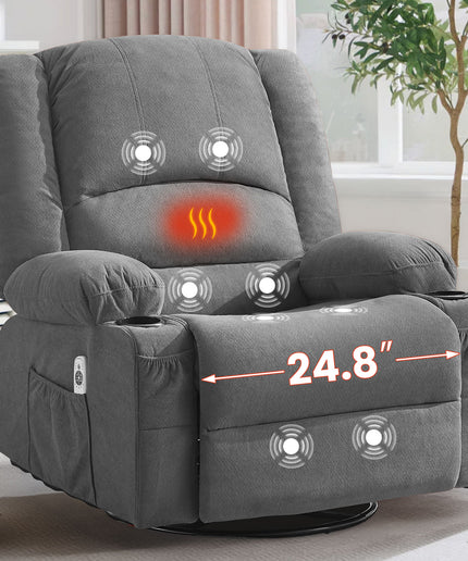 JONPONY Heated Manual Massage Recliner with 360° Swivel Rocker, Comfy Single Sofa with Side Pockets and Cup Holders for Living Room, Bedroom, and Home Theater