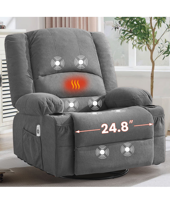 JONPONY Heated Manual Massage Recliner with 360° Swivel Rocker, Comfy Single Sofa with Side Pockets and Cup Holders for Living Room, Bedroom, and Home Theater