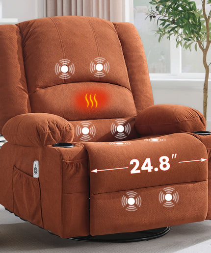 JONPONY Heated Manual Massage Recliner with 360° Swivel Rocker, Comfy Single Sofa with Side Pockets and Cup Holders for Living Room, Bedroom, and Home Theater