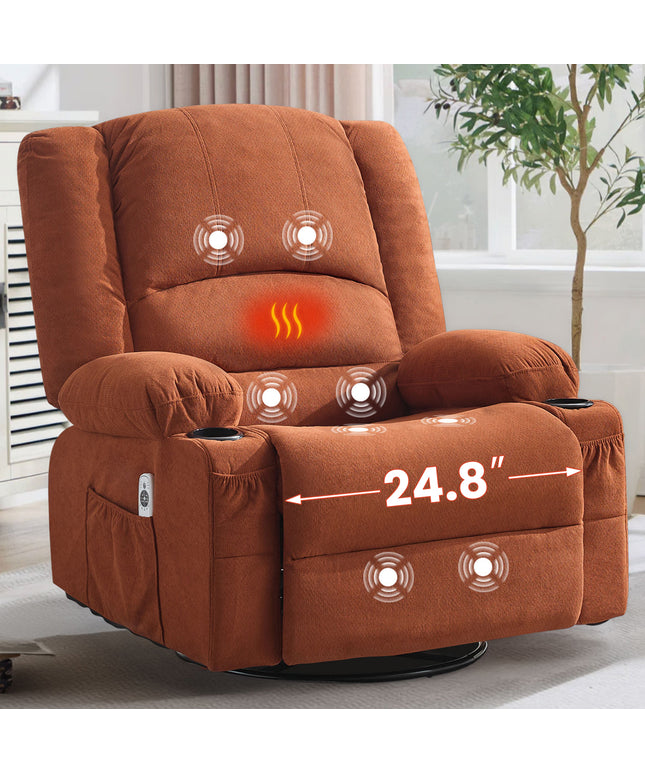 JONPONY Heated Manual Massage Recliner with 360° Swivel Rocker, Comfy Single Sofa with Side Pockets and Cup Holders for Living Room, Bedroom, and Home Theater