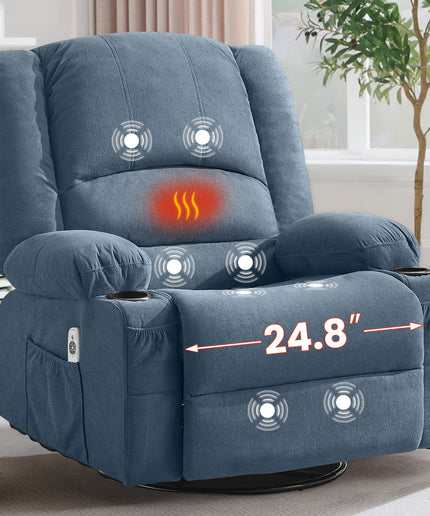 JONPONY Heated Manual Massage Recliner with 360° Swivel Rocker, Comfy Single Sofa with Side Pockets and Cup Holders for Living Room, Bedroom, and Home Theater