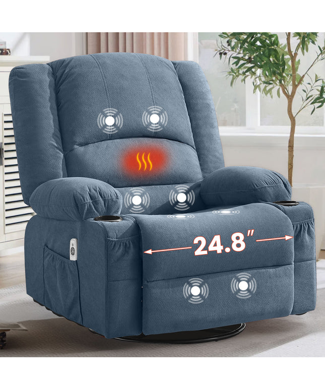 JONPONY Heated Manual Massage Recliner with 360° Swivel Rocker, Comfy Single Sofa with Side Pockets and Cup Holders for Living Room, Bedroom, and Home Theater