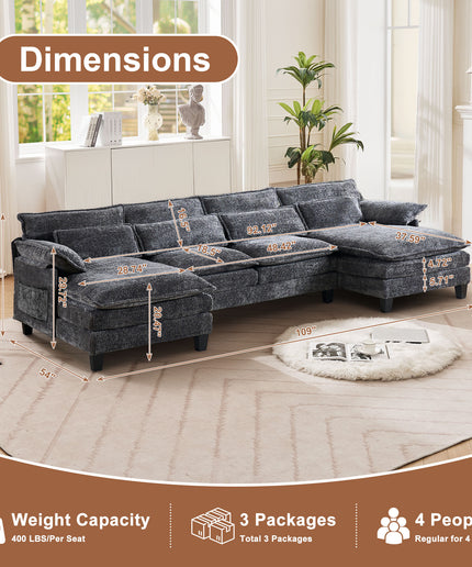 JONPONY 109" Modular Sectional Sofa,Boucle Couch Set,U-Shaped Sleeper Sofa for Living Room,Grey