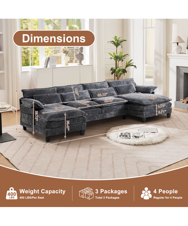 JONPONY 109" Modular Sectional Sofa,Boucle Couch Set,U-Shaped Sleeper Sofa for Living Room,Grey