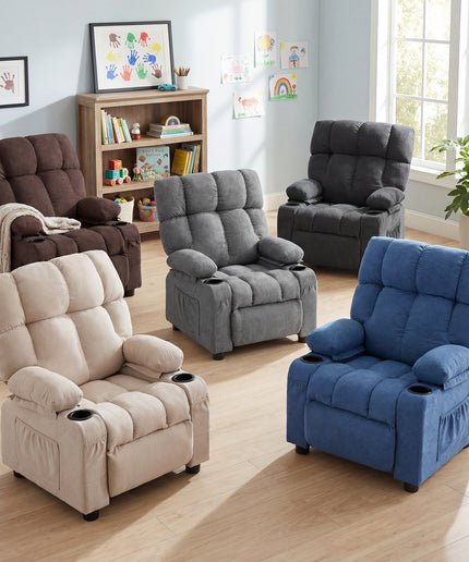 JONPONY Kids Recliner Chair, Push Back Toddler Recliner with Cup Holders & Side Pockets，Adjustable Footrest & Headrest Kids Sofa for Boys Girls 3+ Age Group, Children's Bedroom Furniture, Grey