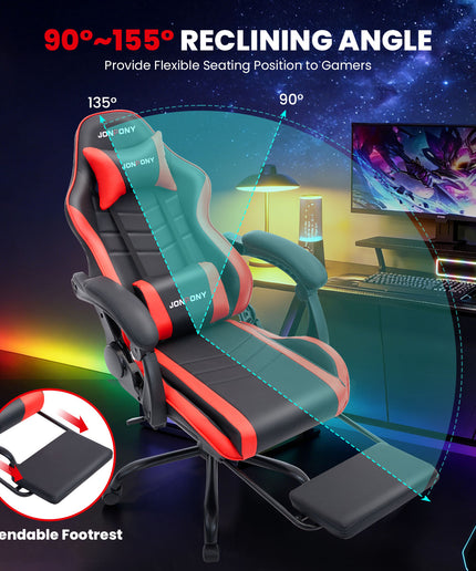 JONPONY 500LBS Big & Tall Gaming Chair, Ergonomic High-Back Gamer Chair with Footrest Lumbar Support, PU Leather Office Computer Chair for Long Sitting, Red