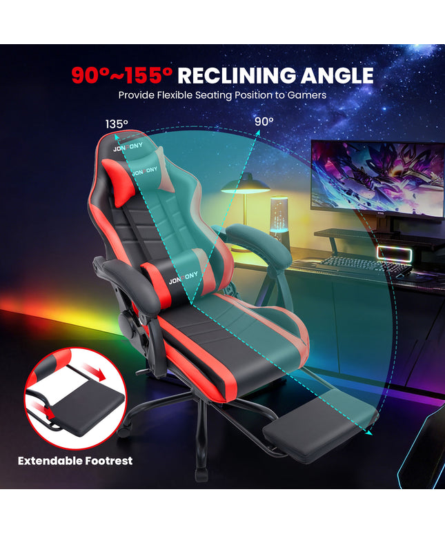 JONPONY 500LBS Big & Tall Gaming Chair, Ergonomic High-Back Gamer Chair with Footrest Lumbar Support, PU Leather Office Computer Chair for Long Sitting, Red