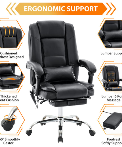 JONPONY Big and Tall Office Chair 500LBS Executive Office Chair Massage and Footrest Ergonomic Computer Desk Chair Reclining High Back Leather Office Chair Lumbar Back Support Swivel Rolling,Black