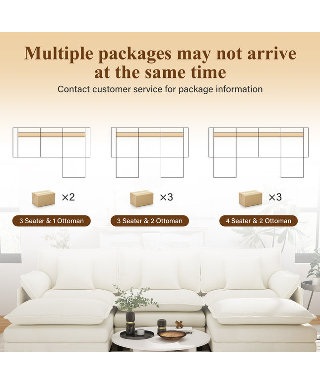 Jonpony Modular Sectional Sofa, Comfy Cloud Couch with Movable Ottoman, Deep Seat Couches for Living Room, Bedroom and Apartment, 106" U Shaped Modern Sofa with Pillows, Beige
